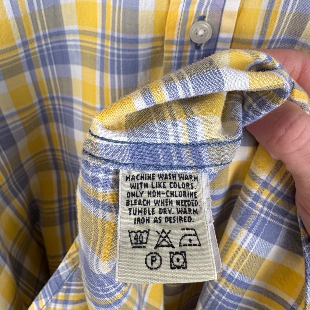 Vintage 90s Eddie Bauer Yellow Blue Plaid Short Sleeve Shirt Cotton Preppy Sz L - Picture 7 of 7